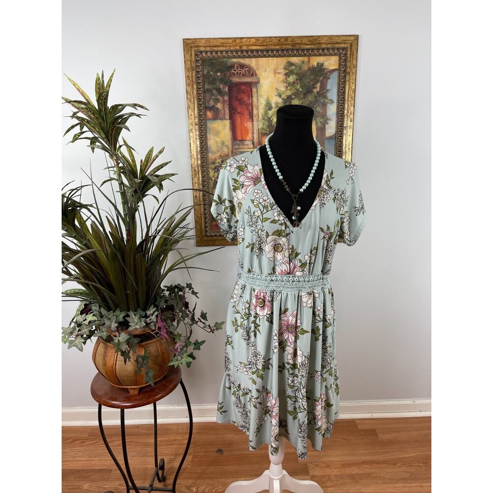 No Boundaries Babydoll Dress Women's Sage Green Floral 2XL Boho Chic Fairycore